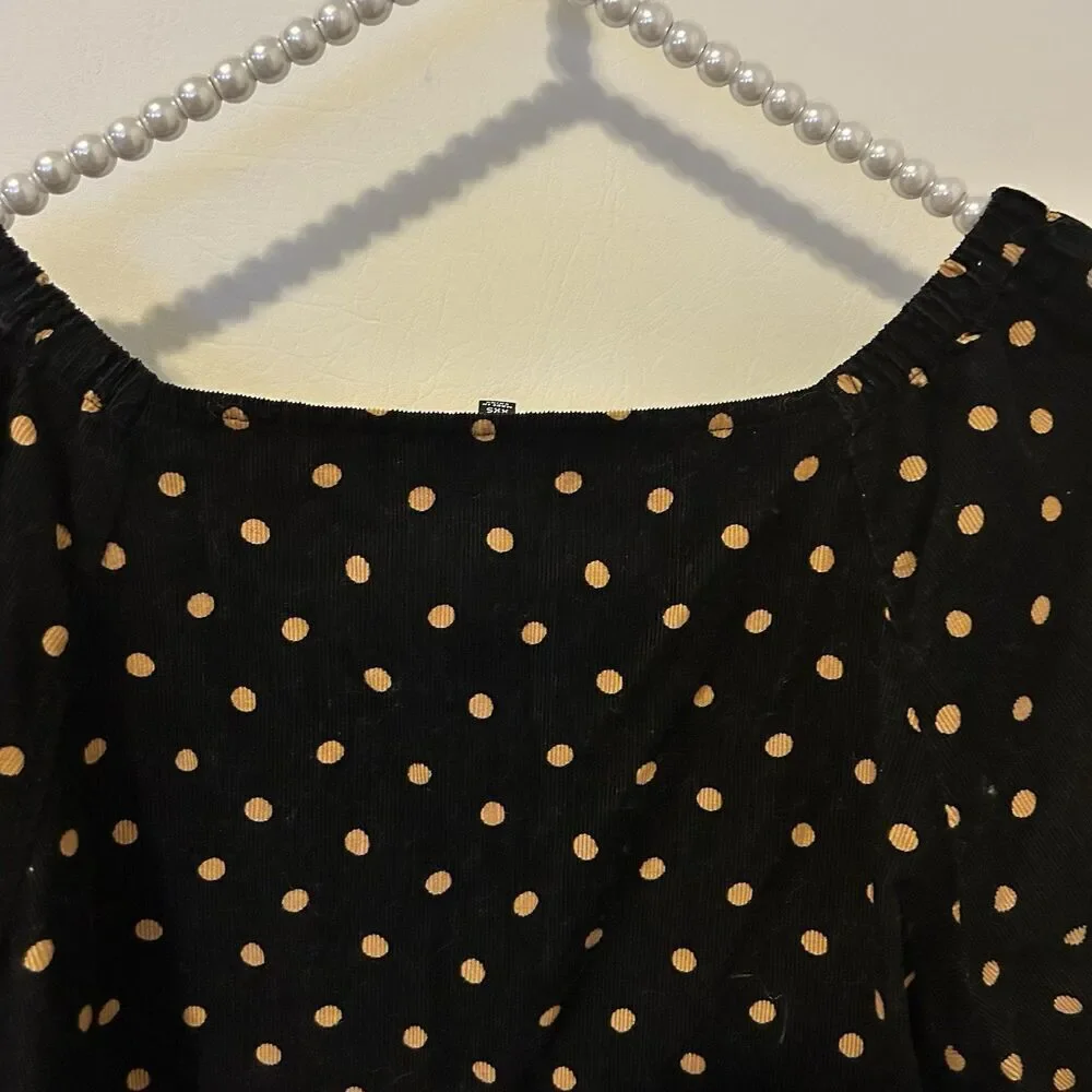 Madewell Top Womens Size XXS Corduroy Puff Sleeve Black Tan Polka Dot Romantic